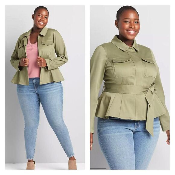 NWT Lane Bryant Cropped Peplum Belted Utility Jacket Olive Green Size 14 Large - Picture 1 of 12